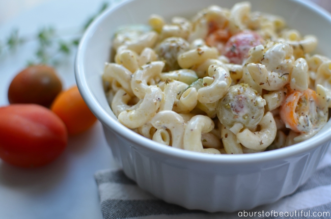 Enjoy this creamy pasta salad recipe, full of ripe vegetables and a flavorful, creamy dressing | A Burst of Beautiful 